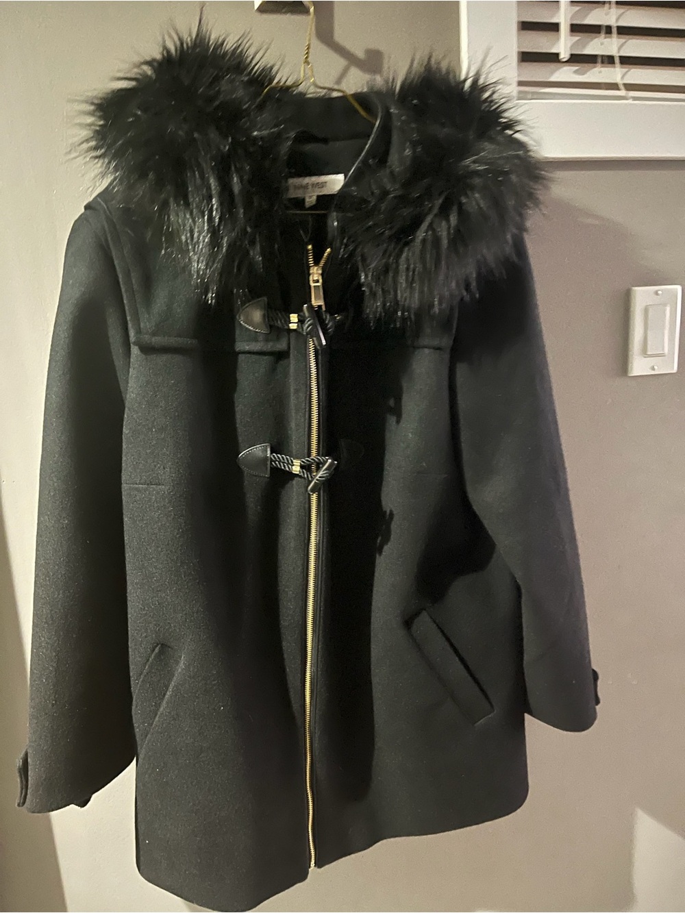 Nine West Black Hooded Pea Coat with Faux Fur Trim